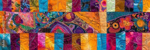A colorful close-up of a handmade quilted patchwork, highlighting the intricate stitching and vibrant patterns of the textile art