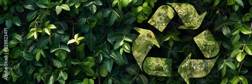 The universal recycling symbol imposed on a dense background of lush green leaves for an environmental theme