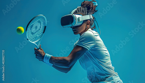 A female tennis player in VR enjoys a virtual match. Generated by AI