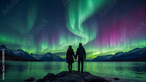Silhouette of a loving couple holding hands by a calm lake with the beautiful northern lights dancing in the evening sky
