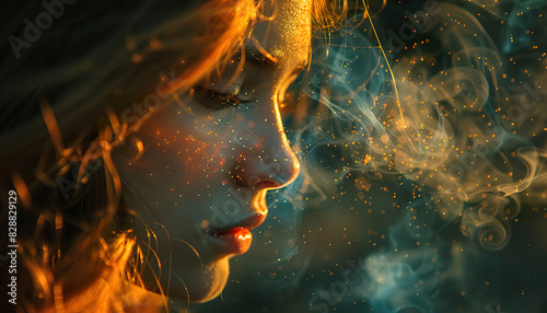 A woman with glitter makeup surrounded by smoke. Generated by AI