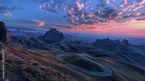 A beautiful mountain range with a winding road in the middle