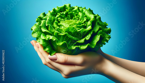 A pair of hands gently holding a fresh green lettuce head, with water droplets visible on the leaves. Set against a vibrant blue background, highlighting the freshness and crispness of the lettuce