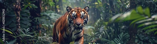 Tiger prowling in the jungle focus on, predator, dynamic, Overlay, dense jungle backdrop