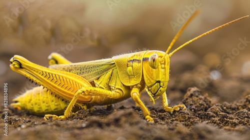 Grasshopper in yellow sitting on the ground