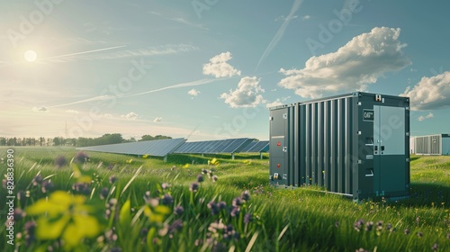 Contenedor de almacenamiento de baterías EnerC junto a un banco de paneles solares en tierra en un campo verde.