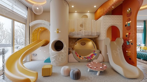 Sala de juegos para niños, fotografiada con un lente de ángulo amplio. La habitación cuenta con un tobogán y una pared de escalada.