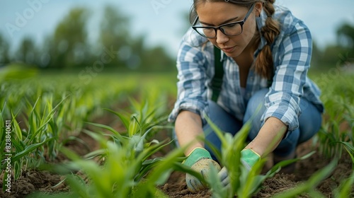 A woman is kneeling down in a field of green plants