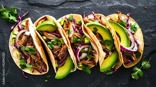 Vibrant mexican street tacos flat lay: succulent pork carnitas, fresh avocado, onion, cilantro, and crisp red cabbage arrangement