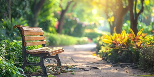 A serene park scene with a single wooden bench basking in sunbeams under a canopy of green trees, suggesting solitude and calm