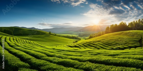 Tea plantation with neat rows of bushes under sunlight popular in brochures. Concept Tea Plantations, Neat Rows, Sunlight, Brochures, Natural Beauty