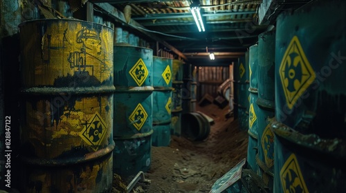An underground bunker filled with old, dusty chemical weapon canisters, marked with danger signs and symbols of biohazard