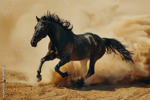 Magnificent black horse galloping in the stunning, picturesque dusty desert landscape