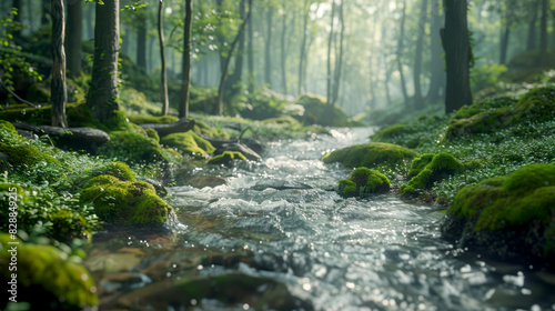 A beautiful forest river with mist in the forest 