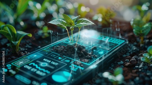 A young plant grows from a smartphone screen with futuristic green technology interface, surrounded by other plants in a lush green garden.