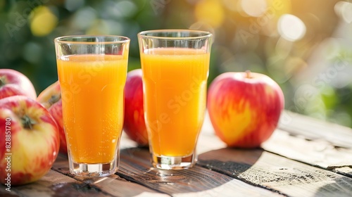 The two glasses of fresh apple juice with apples fruit. Generative Ai