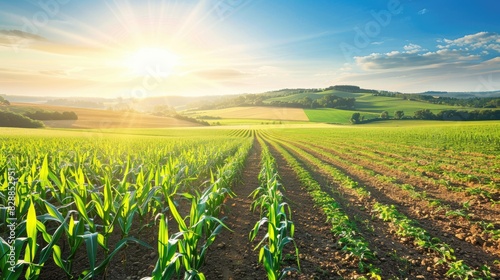 An expansive cornfield bathed in sunlight, with a clear blue sky above and rolling hills in the background, showcasing the tranquility of rural life