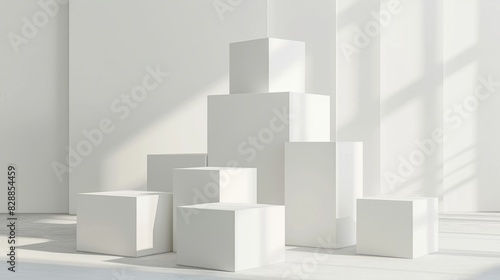 Minimalist white cubic structures displayed in a bright, sunlit room casting soft shadows, ideal for modern design and abstract art inspiration.