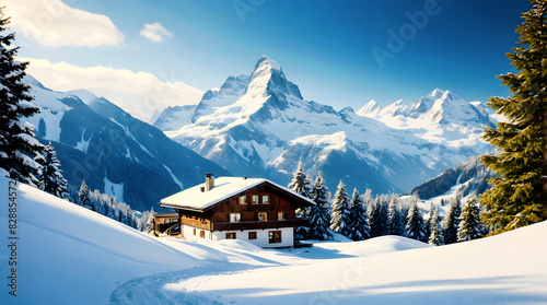 Piękny widok schroniska górskiego w zimowym klimacie, w oddali szczyty gór usłane śniegiem, błękit, ferie zimowe