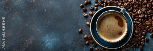 Overhead view of a full cup of coffee amidst scattered roasted coffee beans on a rustic dark background