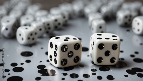 white dice with black dots on gray surface.