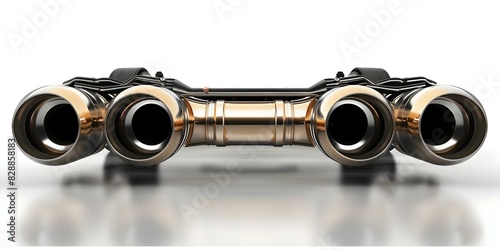 Sports car exhaust system with muffler and silencer on white background. Concept Car Parts, Automotive Photography, Exhaust System, Muffler, Silencer