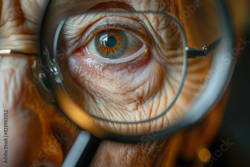 A senior woman eye looking through a magnifying glass emphasizing the cataract and the need for eye care and health