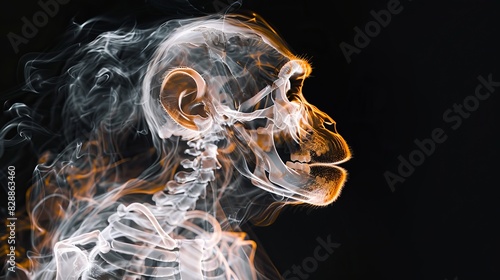 X-ray film of monkey lateral view closed up in head and half body. Veterinary medicine and Veterinary anatomy Concept. Abstract x-ray photo on a black background with a double exposure effect