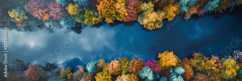 An aerial shot captures a forest ablaze with autumnal colors, reflected perfectly in a calm body of water