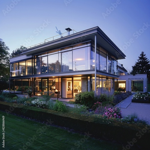 modern house with glass windows and sliding doors, front view, garden at dusk. The house features large windows and sliding glass doors allowing views of the garden at dusk,