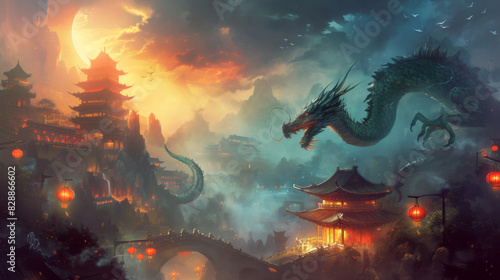 dragons and lanterns at the chinese countryside, in the style of animated gifs, soft gradients, light crimson and gold, mysterious backdrops, photorealistic pastiche, patrick brown, detailed backgroun