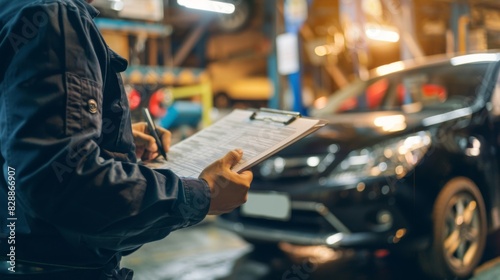Auto mechanic checking the list of car parts to be replaced
