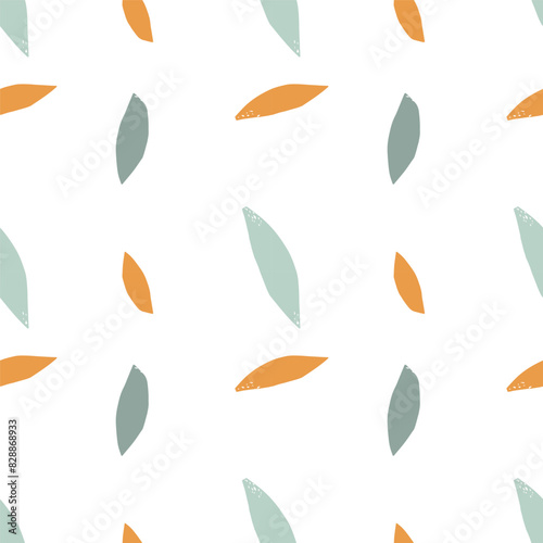 Seamless leaf pattern. Print of abstract orange, green pastel colors leaves on white background. Hand drawn Print with raster texture effect. Repeated Background for wallpaper, packing, wrapping