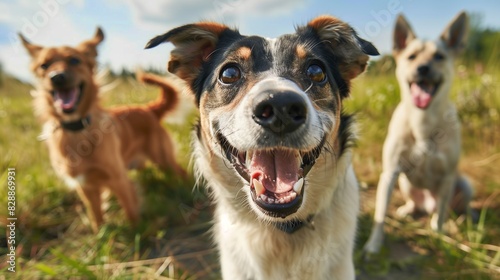 Portrait of a cute, cheerful domestic dog with his mouth open in the park outdoors. Several dogs are standing and sitting behind. Pets, dog walking and care