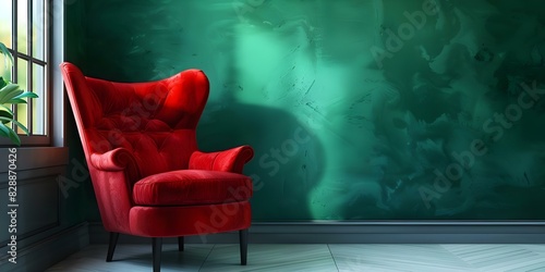 Stylish red velvet armchair in a traditional minimalist room with emerald wall. Concept Red Velvet Armchair, Traditional Room, Minimalist Design, Emerald Wall #interiordesign
