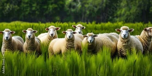 Pastoral Scene: Sheep Herd Grazing on Lush Green Field. Concept Nature, Animals, Farm, Pastoral Scene, Agriculture