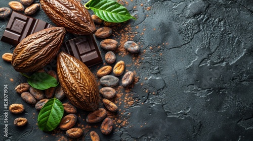 chocolate pieces, cocoa fruits and roasted cocoa beans with green leaves, sprinkled cocoa black texture background, world chocolate day, free space for text