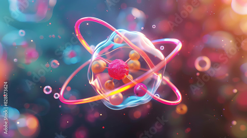 Detailed 3D rendering of an atom with orbiting electrons, vibrant colors, high realism, scientific accuracy.