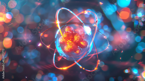 Detailed 3D rendering of an atom with orbiting electrons, vibrant colors, high realism, scientific accuracy.