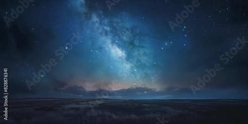 A breathtaking view of the Milky Way galaxy stretching across the night sky above a dark wild meadow