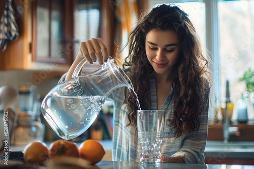 A young woman in a cozy kitchen pouring water from a pitcher into a glass healthy living