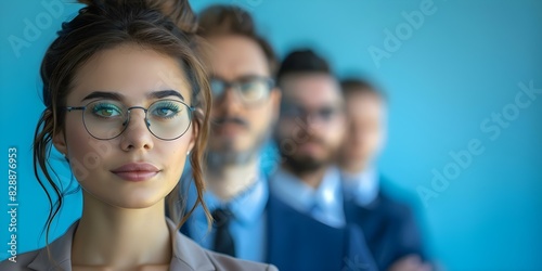 Men giving judgmental looks to a confident woman in a diverse job applicant row. Concept Gender bias, Job interview, Workplace discrimination, Stereotypes, Diversity in hiring