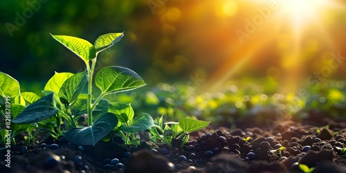 Soybean Sprouts Reaching for the Sun: A Close-Up in an Open Field. Concept Nature Photography, Plant Growth, Sunlight and Shadows, Agricultural Practices