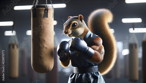 Squirrel boxer hits a punching bag. AI generated.