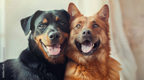 Portrait of Happy dog and cat that looking at the camera together isolated background, friendship between dog and cat, amazing friendliness of the pets.