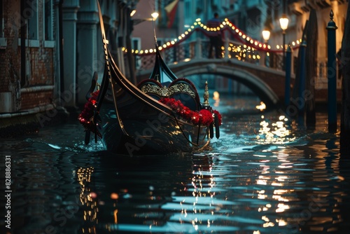 A Venetian gondola adorned with elegant masquerade decorations glides through the tranquil canals of Italy at midnight.