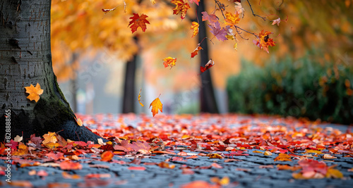 bright autumn scene in a park with colorful leaves falling from a tree and covering a paved path. Blurred background, red, orange, yellow autumn leaves. Autumn background with copy space