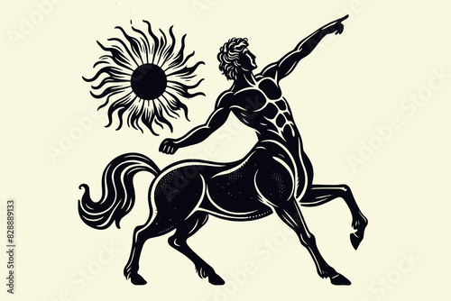 Ancient Greek mythical centaur and sun. Vintage retro engraving illustration. Black icon, logo, label. isolated element.