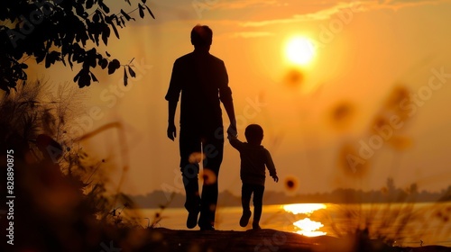 Silhouette of father holding his child's hand walking into the sunset. Fatherhood, parenting concept