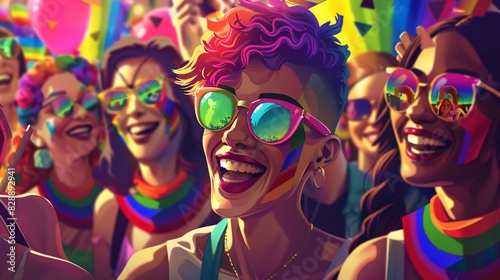 A diverse group of people, each wearing colorful rainbow accessories, gather together in a joyful parade. The scene is filled with smiling faces and lively energy, showcasing the spirit of unity and